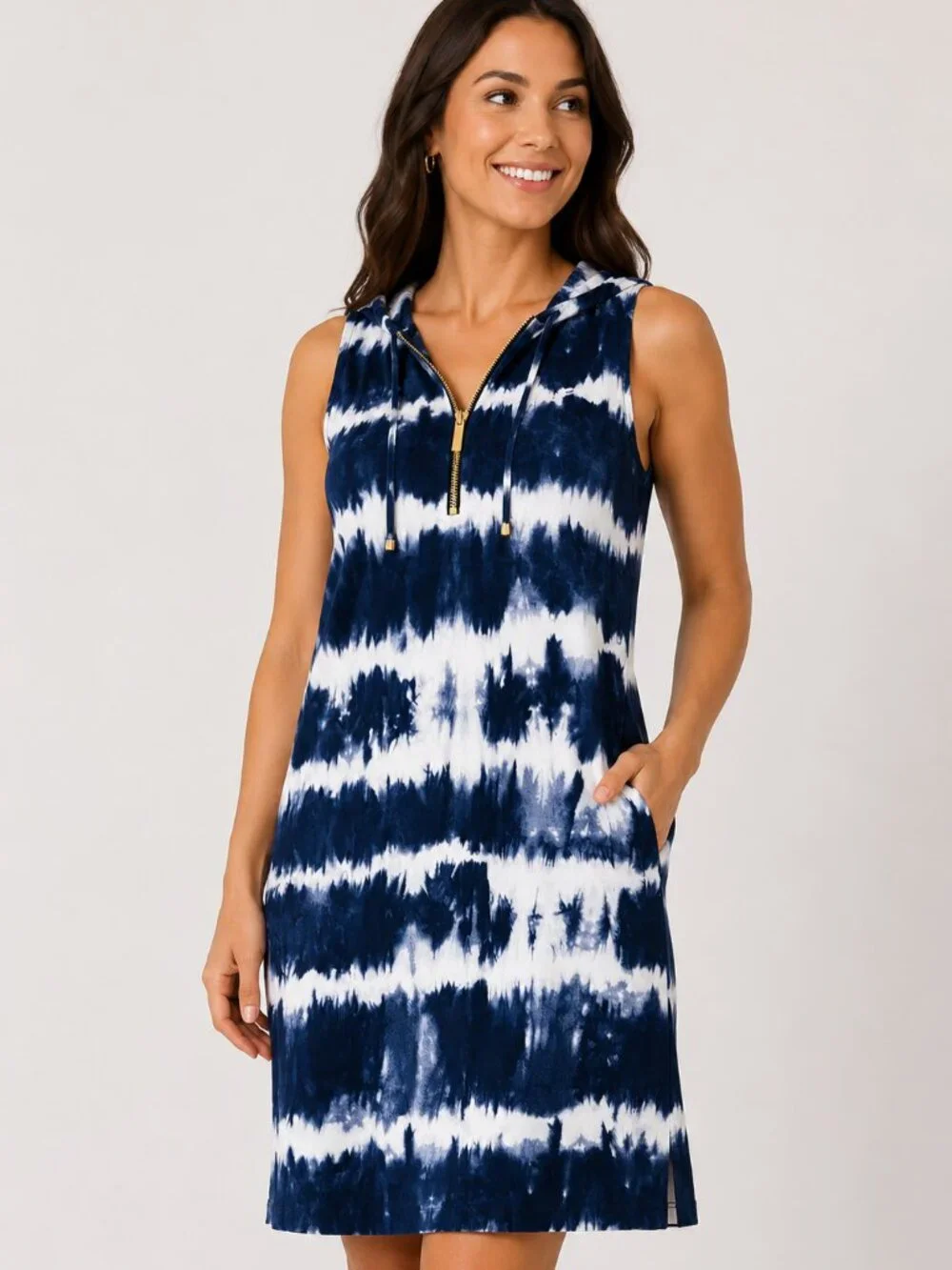 Michael Kors Blue White Tie Dye Dress XS Sleeveless Half Zip Resort Cruise Cover